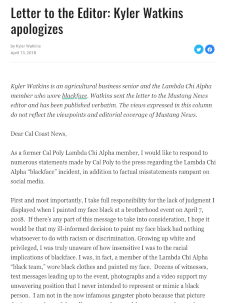 Kyler Watkins World Culture letter to editor